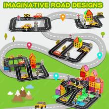 磁力積木城市道路套裝，含磁力道路標誌與玩具車，STEM 磁力玩具，48/98件組，適合 3 歲以上男孩女孩，復活節/感恩節/開學/生日禮物 - 彩色 - 查看 7