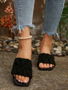 褶皱方头平底拖鞋，系带女士沙滩鞋，时尚夏季新款优雅休闲百搭女士平底拖鞋 - 黑色 - 查看 4