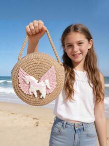夏季卡通可爱斜挎手机包，小马编织，可爱沙滩度假包，草编包 - 彩色 - 查看 2