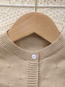 Baby Girl Knitted Round Neck Perforated Solid Color Cardigan - Khaki - View 2