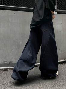 1pc Men's Distressed Vintage Wash Loose Fit Patchwork Design Straight Leg Jeans (Belt And Accessories Not Included) - Dark Wash - View 8