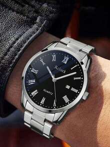 四件套男士石英表套装，包括：银色金属表带黑色表盘罗马数字石英表、银色链手链、银色十字架项链和银色浮雕戒指。这款石英表采用冷色调不锈钢表芯，黑色表盘搭配罗马数字，尽显优雅气质；金属表带经久耐用，佩戴舒适。 - 銀色 - 查看 2