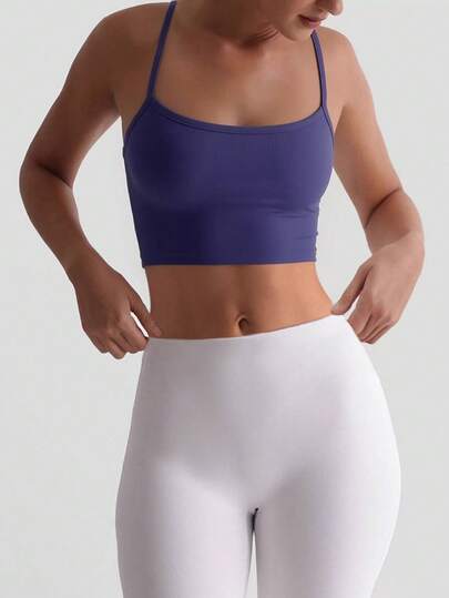 XLLAIS Sexy Solid Color Elastic Fitted Women's Camisole, Fashionable Backless Blue Summer Top