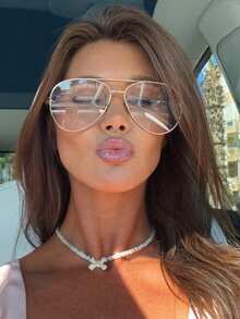 1pc Pilot Frame Metal Double Bridge Toad Eye Fashion Glasses, Personalized European And American Large Frame Fashion Summer Beach Accessory For Women - Trong sáng - Xem 2