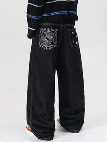 1pc Justice Brother Korean Street Style Embroidered Pocket Contrast Stitching Men's Black Loose Fit Wide Leg Jeans, Versatile Casual Pants, All Season - Black - View 5