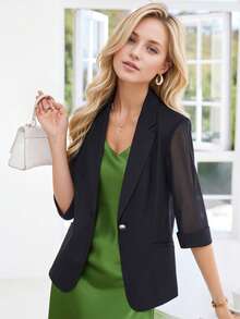 女士轻薄透视短款西装外套，百搭夏季薄款夹克，春季修身防晒外套 - 黑色 - 查看 1