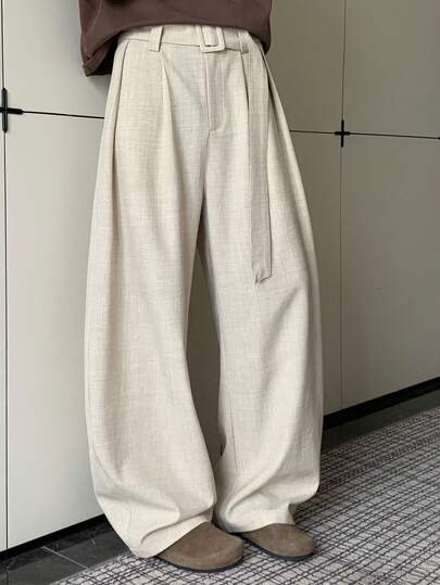 1 Stück Herren Loose Fit Aprikot Ballonhose mit Gürtel, Leinenstruktur atmungsaktiv und bequem, japanischer Casual Stil Hose, geeignet für täglichen Weg zur Arbeit, Urlaub und Freizeitbekleidung