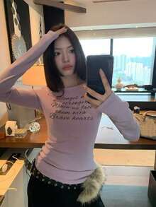 Casual Round Neck T-Shirt With English Letter Print, Fitted Silhouette, New Style Top - Purple - View 7