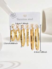 6pcs/Set Retro Stainless Steel Textured Hoop Earrings Set, Suitable For Daily Wear - Multicolor - View 4