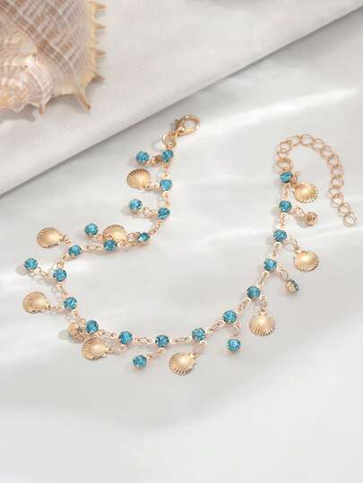 1pc Beach Blue Plastic Rhinestone Chain Tassel Scallop Shell Anklet, Luxury Niche Resort Style For Women