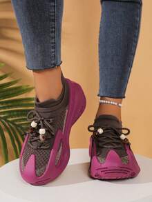 Women's Knit Breathable Soft-Sole Sneakers, Elastic Cuff Design, Anti-Slip Ventilated, Comfortable Athleisure Shoes - Purple - View 3