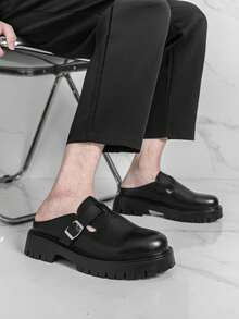 Men's Round Toe Derby Slip-On Loafers, Minimalist British Retro Style Thick Sole Leather Mules Shoes, Summer - Black - View 7