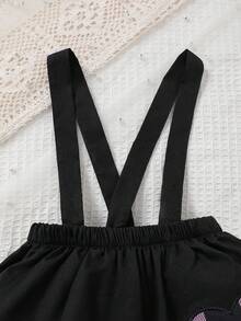 2 piezas Conjunto de niña bebé de mono con estampado a cuadros y volantes en las mangas + falda con bordado de corazón, para uso diario, primavera/verano - Rosa - Ver 7