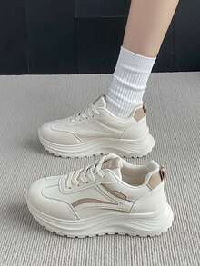 2026 New Spring Leather White Sneakers For Women, Versatile Thick Sole Casual Sports Shoes, Ins Net Celebrity Chunky Sneakers - Khaki - View 5
