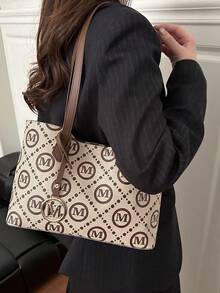 全印花手提袋，复古字母印花手提袋，大容量，通勤旅行的理想腋下包，送给妈妈的绝佳母亲节礼物 - 卡其色 - 查看 5