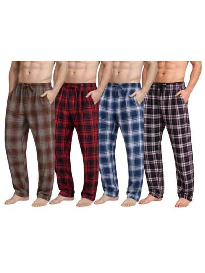 (Paquete de 4) Pantalones de pijama de franela a cuadros de punto de algodón para hombre