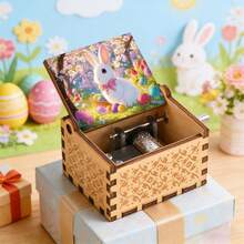 Retro Carved Wood Music Box With Easter Bunny & Basket Of Eggs – Playful Tabletop Ornament For Holiday - Easter Egg Basket Music Box - View 1
