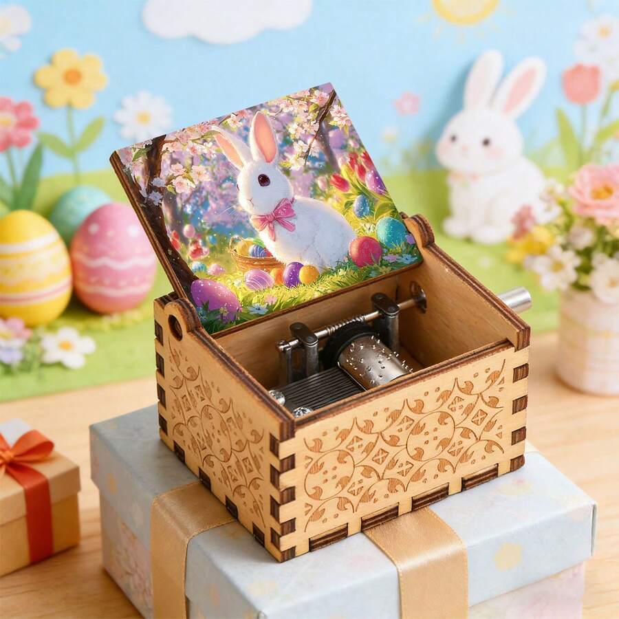 Retro Carved Wood Music Box With Easter Bunny & Basket Of Eggs – Playful Tabletop Ornament For Holiday - Easter Egg Basket Music Box - View 1