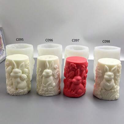 可爱卡通兔子硅胶模具，圆柱形兔子，小草花图案蜡烛