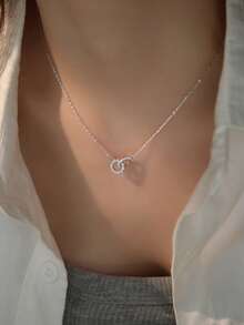 S925 Sterling Silver Double-Layer Ring Necklace, Gold-Plated Zirconia Inlaid, Minimalist Delicate Choker Necklace, Versatile For Daily Wear And Parties, Birthday/Christmas Gift Box - Silver - View 8