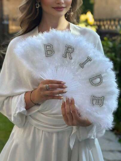 1pc Faux Pearl Bride Letter Decor White Feather Folding Fan, Handheld Fan For Bachelorette Party & Wedding Bride Shower Decorations, Elegant Wedding Favors