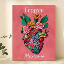 1 pieza de arte mural en lienzo con diseño floral rosa mexicano de "Corazón Mexicano" vibrante, con caléndulas, rosas y cactus, sin marco, lista para colgar en la sala de estar, dormitorio u oficina en casa - Decoración de arte folclórico mexicano. - negro - Ver 2