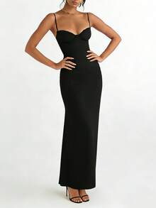 女士纯色优雅性感时尚迷人吊带褶裥开衩连衣裙，适合日常外出、约会、假日、派对、度假、街拍及各种场合，黑色夏季款 - 黑色 - 查看 2