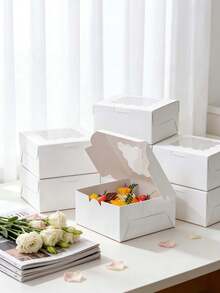 5个/10个装，6x6x3英寸，坚固蛋糕盒，白色硬纸板和牛皮纸材质，波浪形窗口，适用于饼干和纪念品包装 - 查看 1