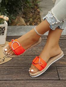 Women's Metal Buckle Faux Rope Sole Comfortable Lightweight Flat Sandals, Vacation Style Summer Daily Wear Beach Play Orange Slippers Plus Size - Orange Vertical Stripes - View 6