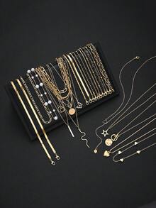 11/13/24pcs Fashion Minimalist Elegant Star, Heart, Snake, Water Drop, Bow, Faux Pearl, Rhinestone Necklace, Bracelet Jewelry Set, Gold Color, Suitable For Holiday, Party, Banquet, Birthday Gift, Daily Wear - Yellow Gold - View 6