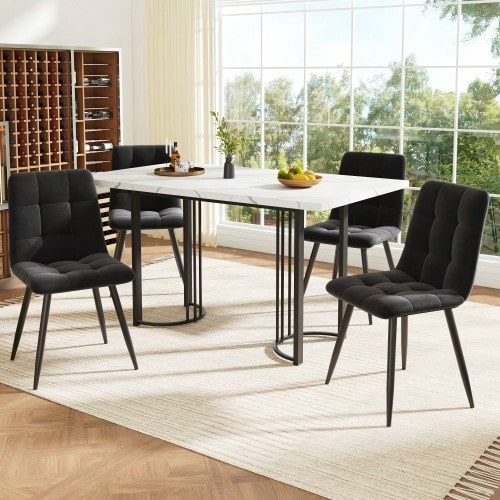 Dining Set (5 Pieces), Extendable Table For 4 People, Rectangular Table 140 X 80 Cm With 4 Chairs, Metal Frame, Black Velvet Chairs. - Black - View 1
