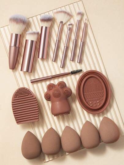 16-Piece Professional Makeup Brush Set: 7 Brown Makeup Brushes (For Powder, Blush, Highlighter, And Eyeshadow) + 4 Ultra-Soft, Non-Absorbent Beauty Sponges + Brush Cleaning Egg And Brush Cleaning Bowl – Makeup Tool Set