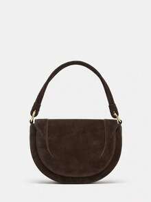 ZA New Autumn Women's Burgundy Saddle Bag, Contrast Stitching Design, Top Handle One Shoulder Crossbody Flap Hardcase - Coffee - View 6