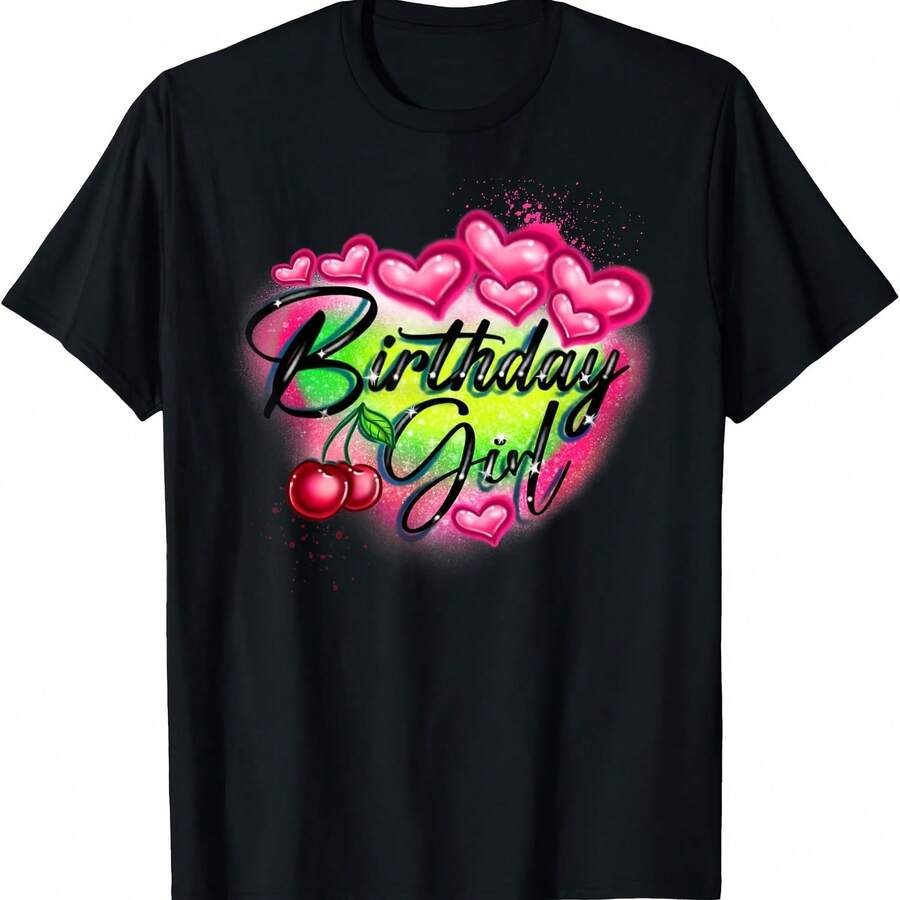 Birthday Girl Classic Airbrush Style Illustration Y2K Retro T-Shirt - màu đen - Xem 1