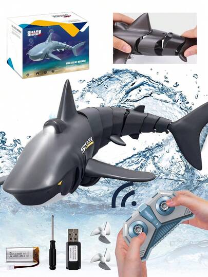 1个升级版遥控鲨鱼泳池玩具，2.4GHz防水，适用于游泳池和浴室，儿童鲨鱼玩具，身体可活动，带双螺旋桨，适合6岁以上儿童，做工精细，多方向遥控，是圣诞节、万圣节、生日、情人节的绝佳礼物。