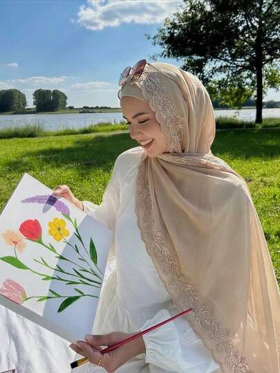 1pc Women Floral Embroidery Chiffon Hijab 70x170cm Muslim Lightweight Breathable Scarf In Multiple Colors