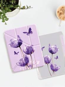 1pc Purple Crystal Tulip Pattern Rotating Foldable Flat Tablet Protective Case, Compatible With 2025/10th Gen/10.2", Pro 11" 2021/2020, Mini 6/7, Galaxy Tab A8 10.5" 2022, With Pencil Slot, Anti-Drop, Tablet Stand Protective Cover, Gift For Kids/Family - Multicolor - View 2