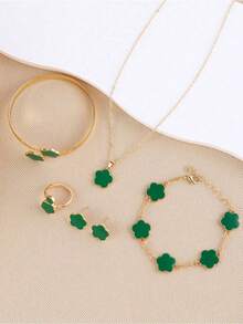 5pcs Set Lucky Clover Design Necklace Earrings Bracelet And Ring - Màu xanh lá - Xem 3