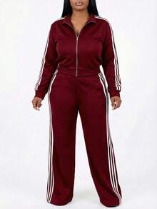 Women's 2 Piece Tracksuit Set,Zipper Jacket With Stripe Detail And Wide Leg Pants,Bodycon Party Clubwear Outfit,Jacket And Pants Sports Pants Set - 酒紅色 - 查看 11