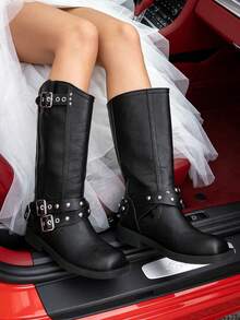Women's Mid Calf Boots Slip On Riding Biker Booties Chunky Low Heel Riding Buckle Boot For Women Squared Toe Motorcycle Boots For Carnival Music Festival Concert - màu đen - Xem 2