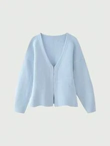 YROOE Women's Solid Color Casual Loose Knit Cardigan - Baby Blue - View 2