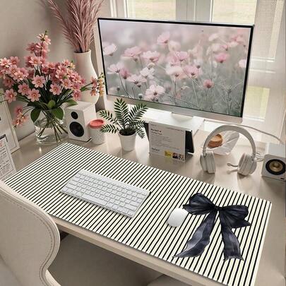 超大号鼠标垫/桌垫，经典黑白条纹配可爱水彩黑色蝴蝶结，防滑橡胶底座，时尚办公桌装饰，女士适用