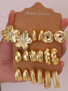 6/18 Stück Ohrringe Set für Frauen, inklusive Blumen, runde Twist, Herz, Tränenform, geflochtene, diverse C-Form Designs, hypoallergene goldfarbene Ohrringe, modisch & elegant, geeignet für Alltag, Party, Geschenk für Freundin, Mutter - Gold - Übersicht 1