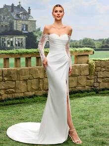 白色蕾丝长袖裹身鱼尾婚纱，高开衩设计 - 白色 - 查看 9