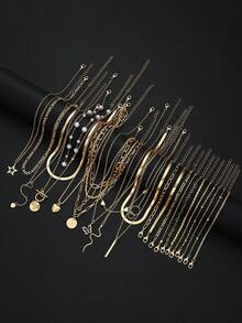 11/13/24pcs Fashion Minimalist Elegant Star, Heart, Snake, Water Drop, Bow, Faux Pearl, Rhinestone Necklace, Bracelet Jewelry Set, Gold Color, Suitable For Holiday, Party, Banquet, Birthday Gift, Daily Wear - Yellow Gold - View 3