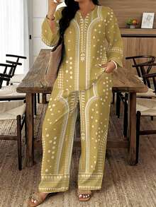 2026 New Style A Set Of Retro Yellow-Based White Pattern Woven Fabric Loose And Comfortable Women's Plus-Size Printed Two-Piece Set For Spring, Autumn And Summer, Suitable For Christmas, Daily Wear And Festival Gifting, Yellow-Based White Pattern Retro Style Suit - Multicolor - View 1
