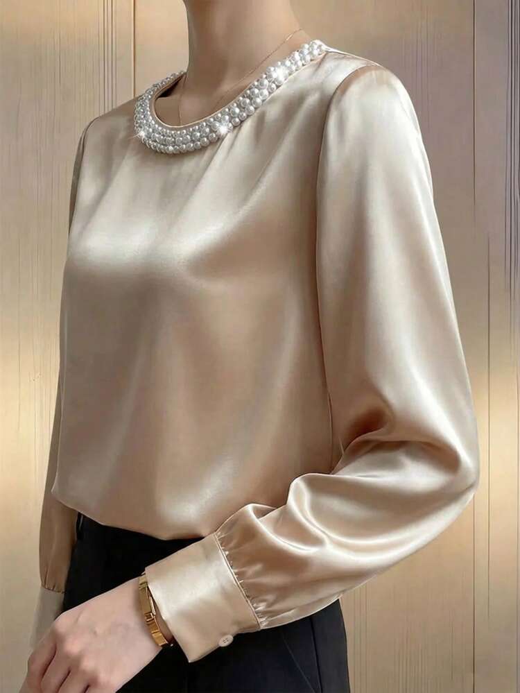 女士优雅法式缎面衬衫，珍珠装饰圆领长袖上衣，纯色梭织面料，珍珠点缀，适合办公室和休闲场合，春夏款 - 香檳色 - 查看 3