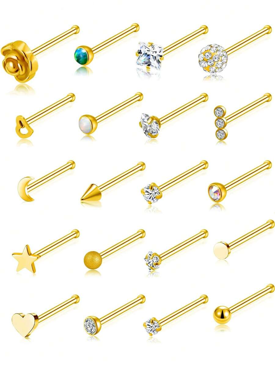 20G 20Pcs Nose Ring CZ Nose Stud Retainer Bone Shaped Nose Piercing Jewelry Set For Women Men Stainless Steel Gold Tone - Gold - View 1