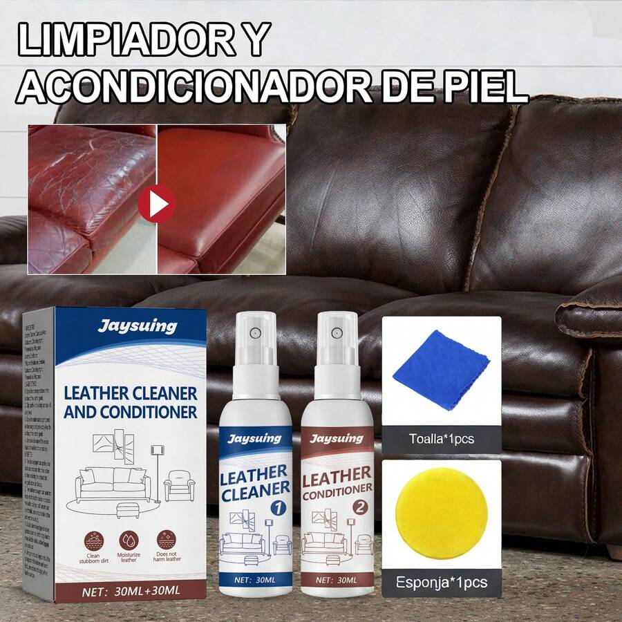 Kit de Limpieza para el Hogar Jakehoe | Jabón Concentrado para Trapear Pisos, Limpiador y Acondicionador para Cuero, Cera para Muebles de Madera y Limpiador de Baño | Limpieza Profunda, Elimina Olores, Restaura Brillo, Fácil de Usar, Superficies Delicadas | Ideal para el Cuidado Diario del Hogar | 120ml + 80ml + 30ml + 30ml - Limpiador y acondicionador para cuero. - Ver 1