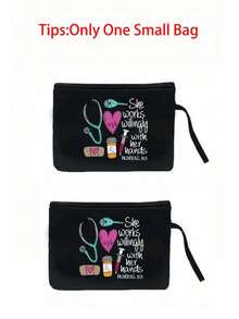 一套护士主题手提包和化妆包，休闲风格，布料材质，固定肩带，印有听诊器、心形、注射器、体温计图案，“她喜欢动手工作” - 黑色 - 查看 18